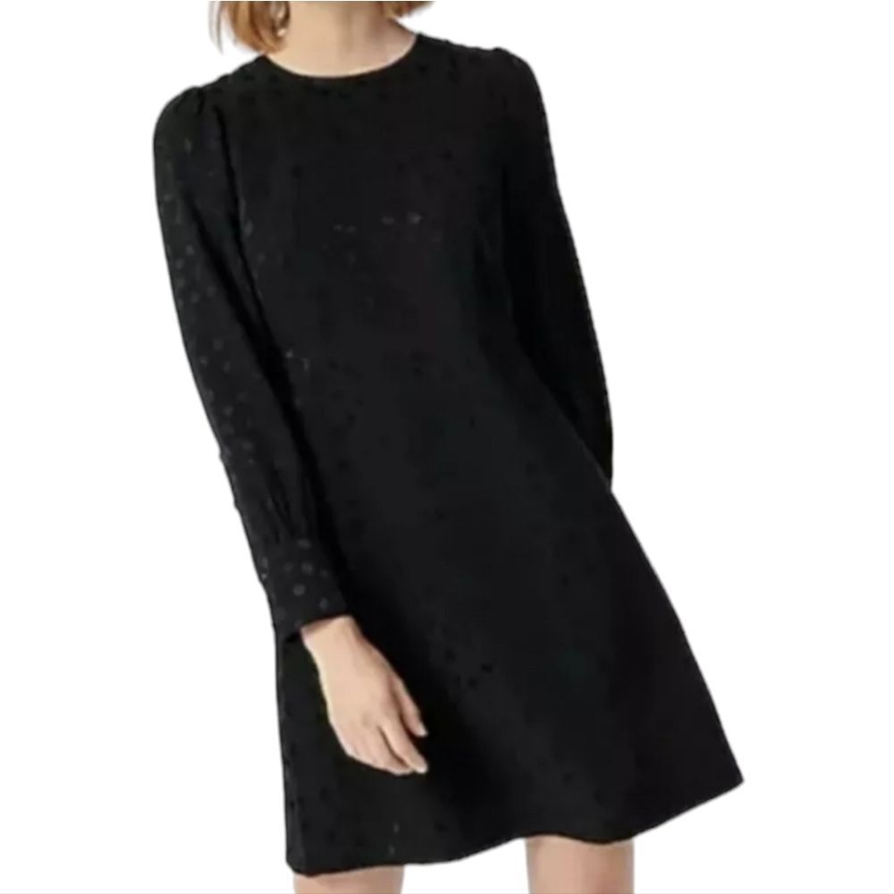 J. Crew -1202 NWT Black Shift Dress in Dot Floral Jacquard‎ Long Sleeve Size 10